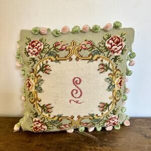 Vintage Needlepoint Pillow with Rose Motif | Cottagecore